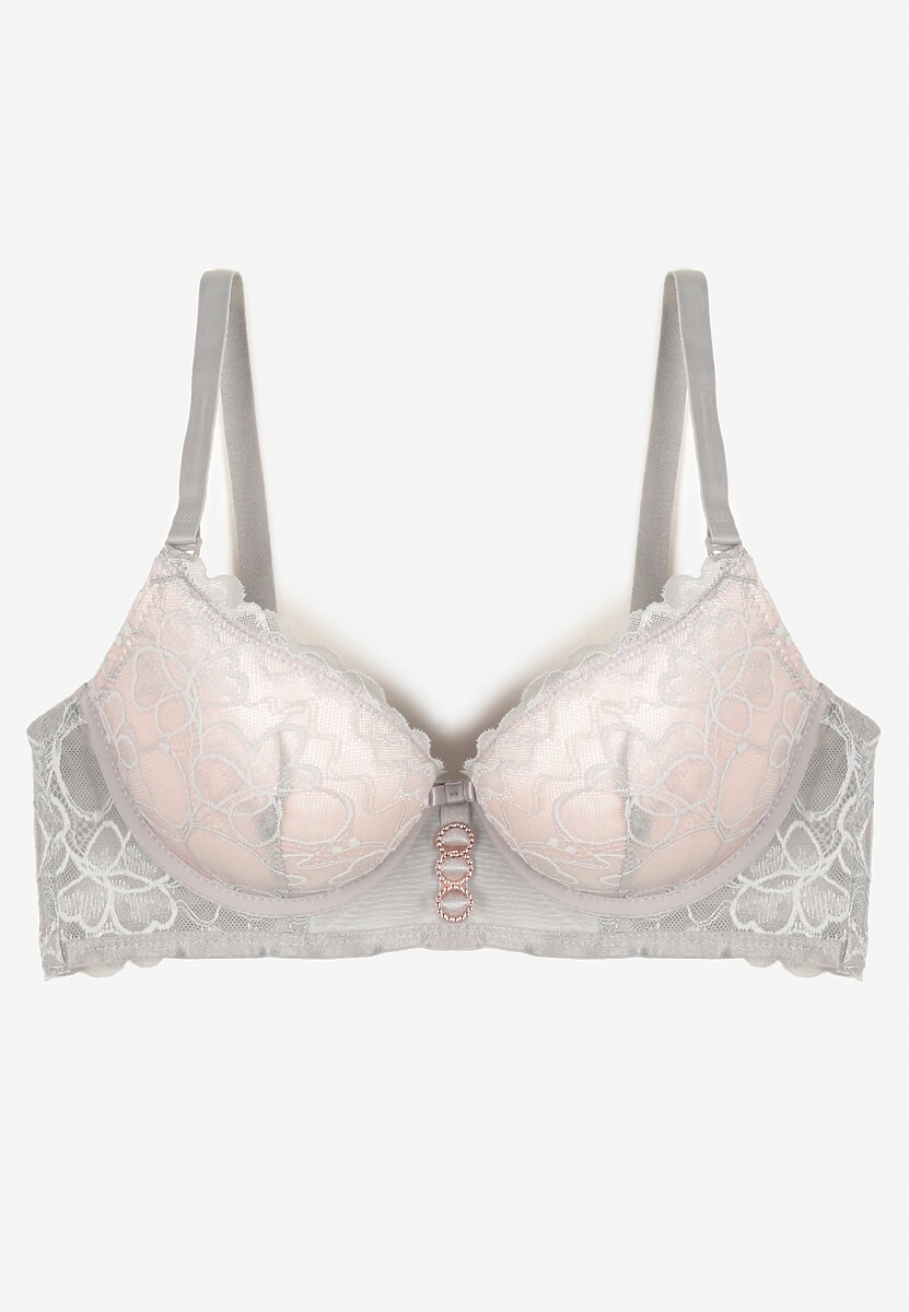 Szary Biustonosz Push Up z Ozdobną Koronką Neamitra