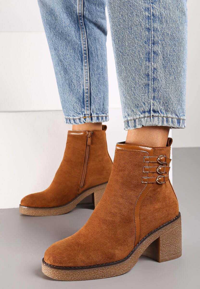 Brązowe Botki na Słupku z Trzema Paseczkami z Klamerkami Ivenitha