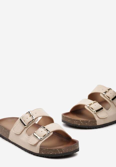 Beżowe Klapki z Ekozamszu z Profilowaną Wkładką z Paskami i Klamrami Lettiea