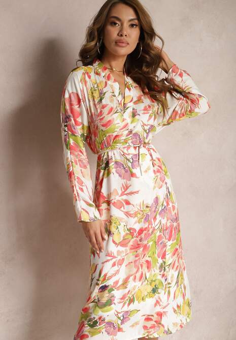 Biało-Różowa Kopertowa Sukienka z Kwiecistym Printem Aleratoa