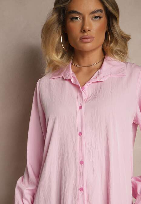 Różowa Koszulowa Sukienka z Wiskozą Zakończona Falbanką Tirzedi