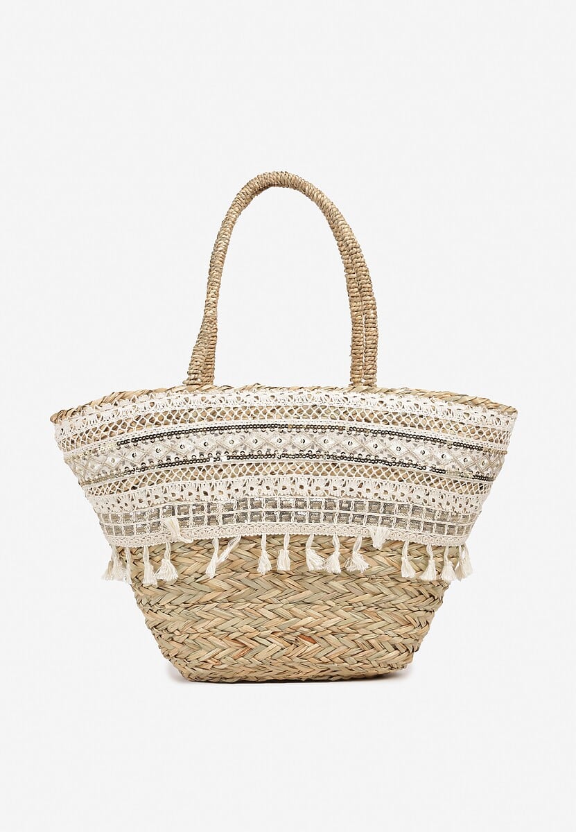 Biało-Beżowa Torebka Shopperka na Suwak Wykończona Cekinami Frędzlami i Taśmą z Koronki Laxbia