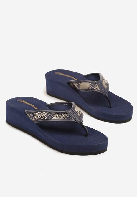 Granatowe Tweedowe Japonki na Koturnie z Pianki Arvisoni