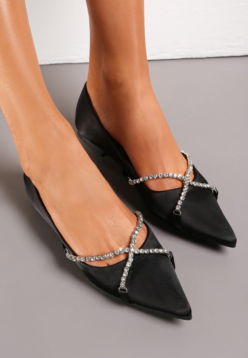 Czarne Balerinki ze Szpiczastym Noskiem  i Ozdobnym Paskiem z Cyrkoniami Tinara