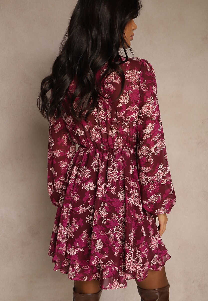 Bordowa Sukienka w Kwiatki o Rozkloszowanym Kroju z Bufiastymi Rękawami Zennea