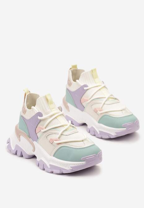 Fioletowo-Zielone Sneakersy w Skarpetkowym Stylu z Elastycznym Wiązaniem i Tłoczoną Podeszwą Ielene