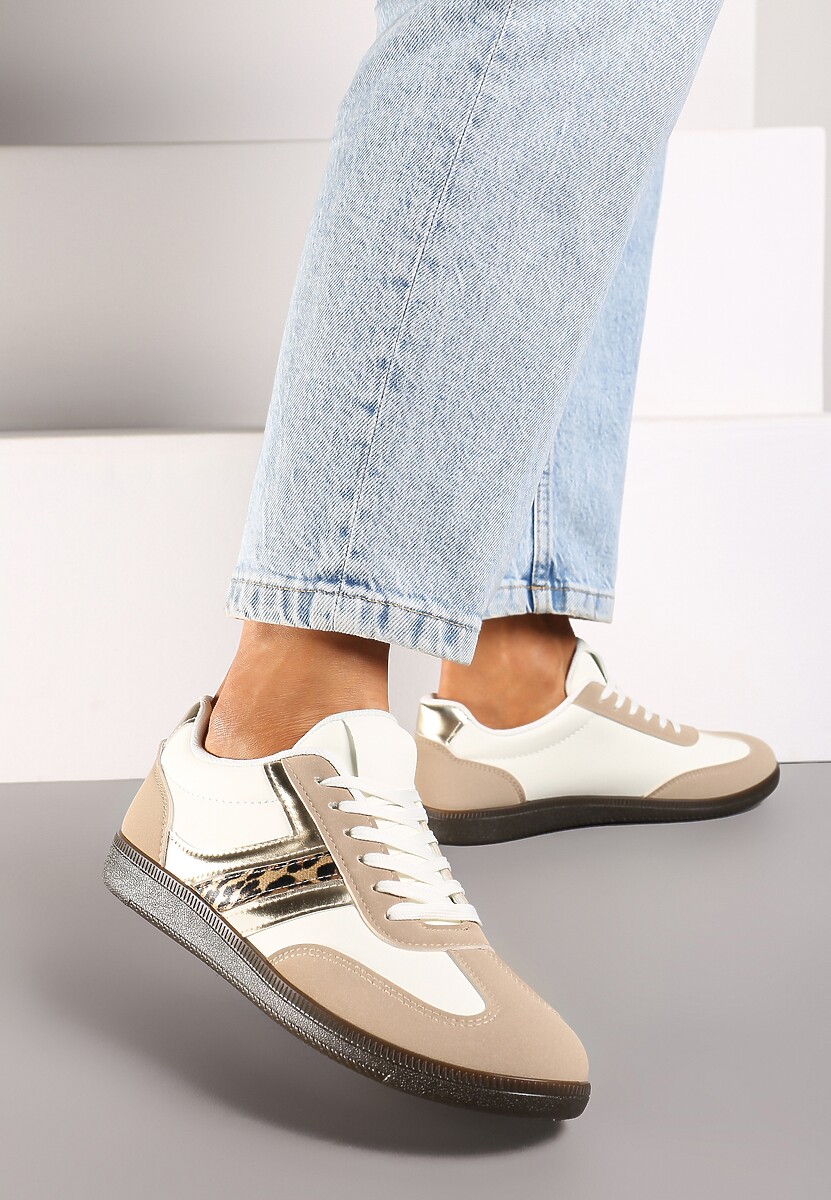 Beżowe Casualowe Sneakersy z Geometrycznymi Wzorami i Kontrastowymi Przeszyciami Riandrea