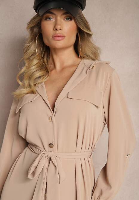 Beżowa Sukienka o Koszulowym Kroju z Rękawami z Możliwością Podpięcia i Wiązanym Paskiem Ivalorae