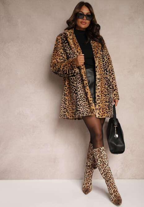 Beżowy Futrzany Płaszcz w Panterkę o Jednorzędowym Kroju z Kieszeniami Lorenciah