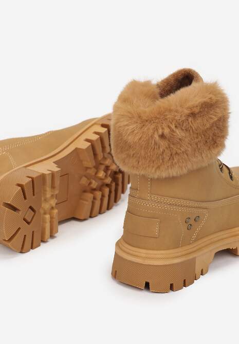 Jasnobrązowe Traperki Sznurowane z Futerkiem Vishe