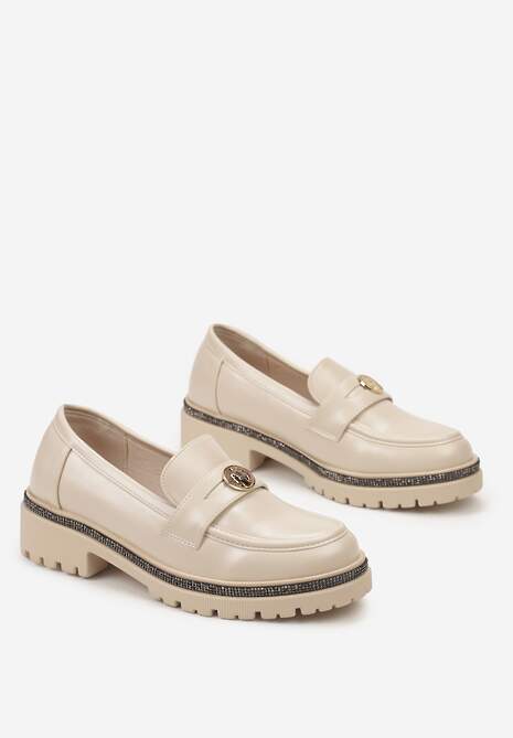 Beżowe Mokasyny z Cekinami wokół Podeszwy i Złotą Klamrą Elorasia