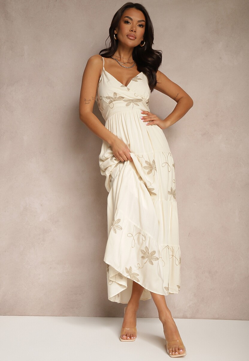 Jasnobeżowa Rozkloszowana Sukienka z Wiskozy z Haftowanym Motywem na Ramiączkach Telilia