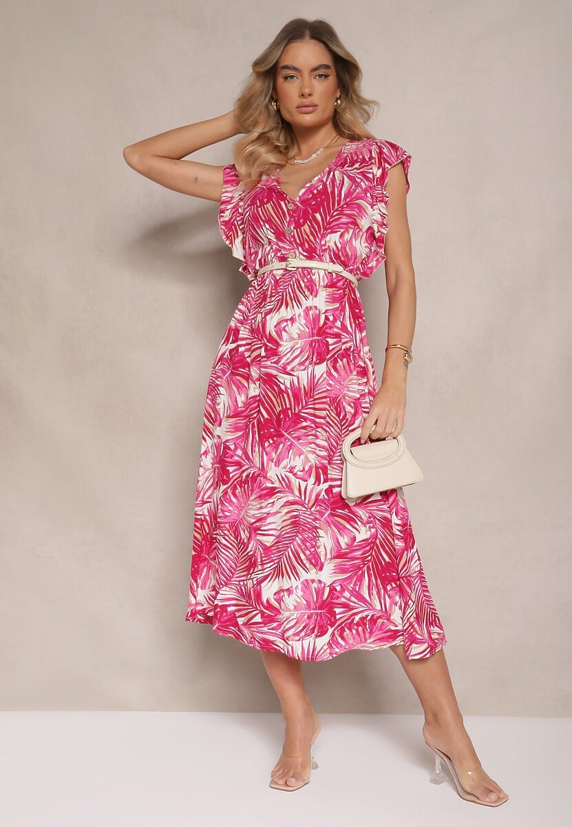Różowa Sukienka o Rozkloszowanym Fasonie z Bawełny w Liście Lanadena