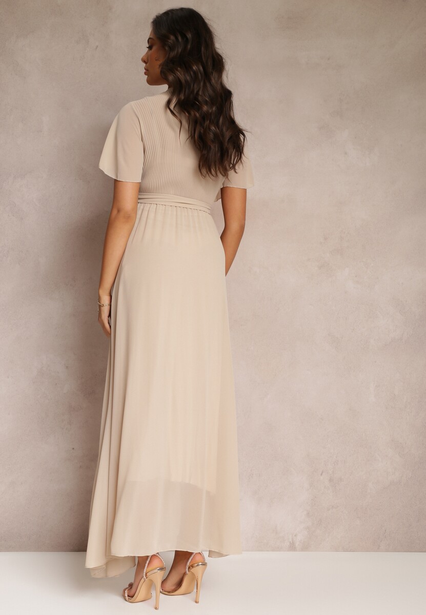 Beżowa Plisowana Sukienka z Kopertowym Dekoltem i Gumką w Talii Dimitris