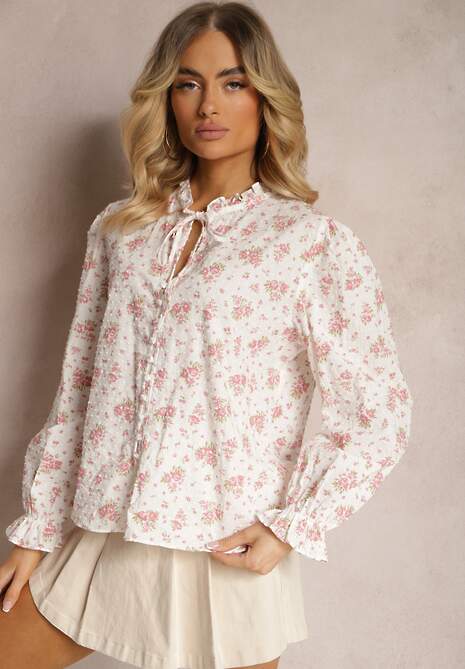 Biało-Różowa Koszula z Bawełny Wiązana pod Szyja w Kwiatowy Print Hettena