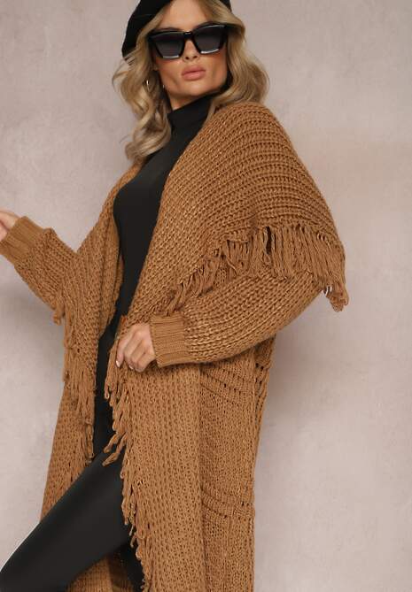 Brązowy Niezapinany Kardigan o Długim Kroju z Frędzlami Finantia