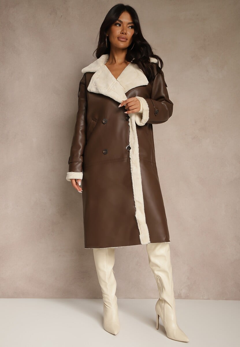 Brązowy Dwurzędowy Płaszcz Oversize z Imitacji Skóry i Futerkiem Vess
