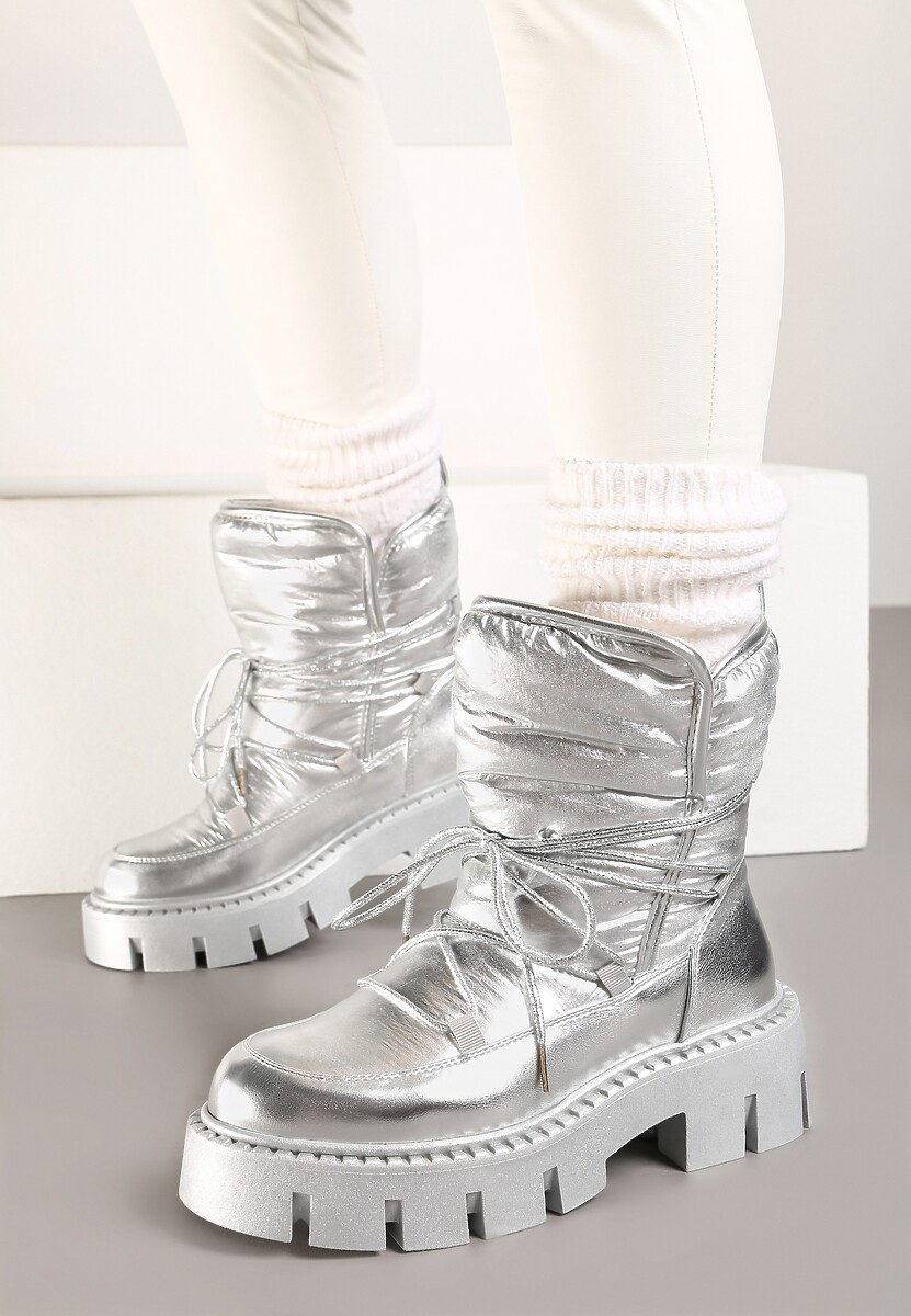 Srebrne Sznurowane Śniegowce na Platformie z Tłoczeniem Ozdobione Metaliczną Nicią Batirae