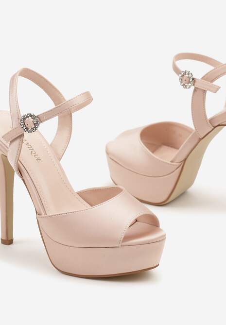 Beżowe Sandały na Platformie oraz Szpilce Wykończone Cyrkoniami Zapinane przy Kostce Hilagia