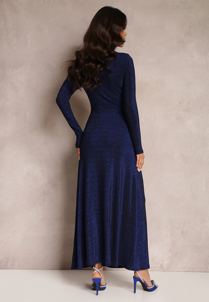 Granatowa Sukienka z Marszczeniem przy Dekolcie Metaliczna Enemelle