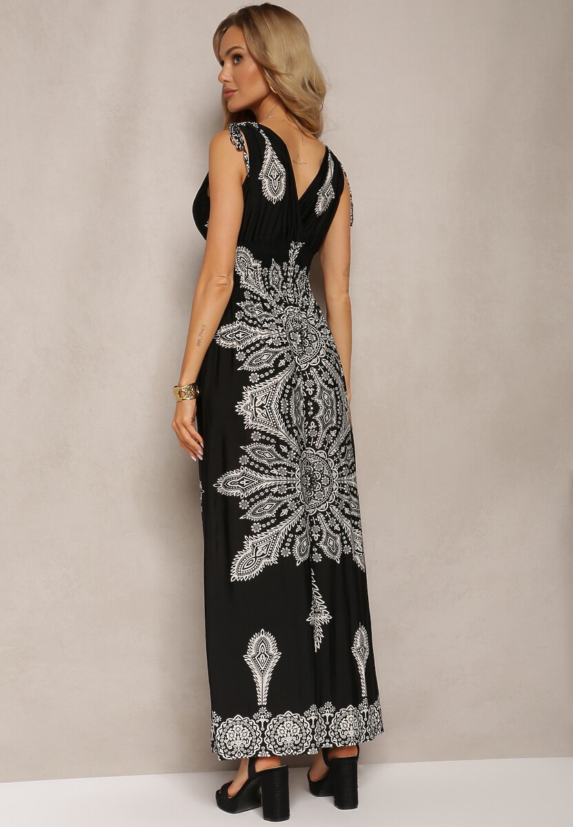 Czarna Sukienka z Ornamentalnym Wzorem Sznurkami Przy Ramionach i Gumką w Talii Alerada