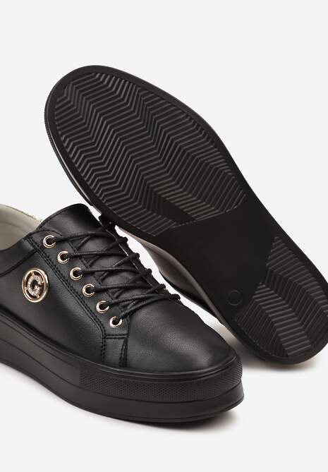 Czarne Skórzane Sneakersy Sznurowane na Niskiej Platformie z Cyrkoniami Dorianlle