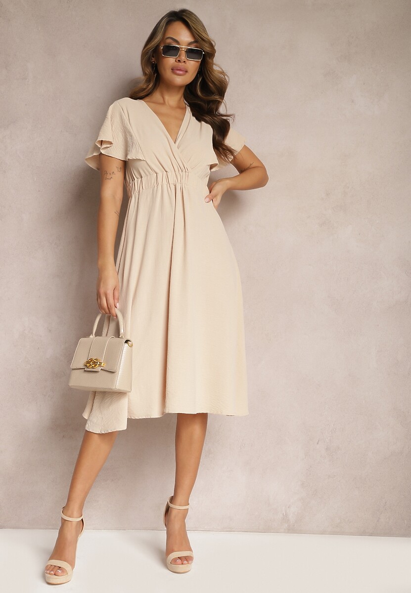 Beżowa Kopertowa Sukienka Midi o Rozkloszowanym Kroju Noravel