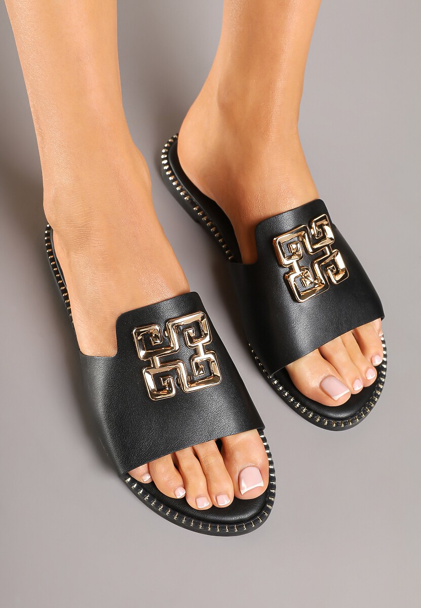 Beżowe Klapki z Metalowym Detalem Marinti