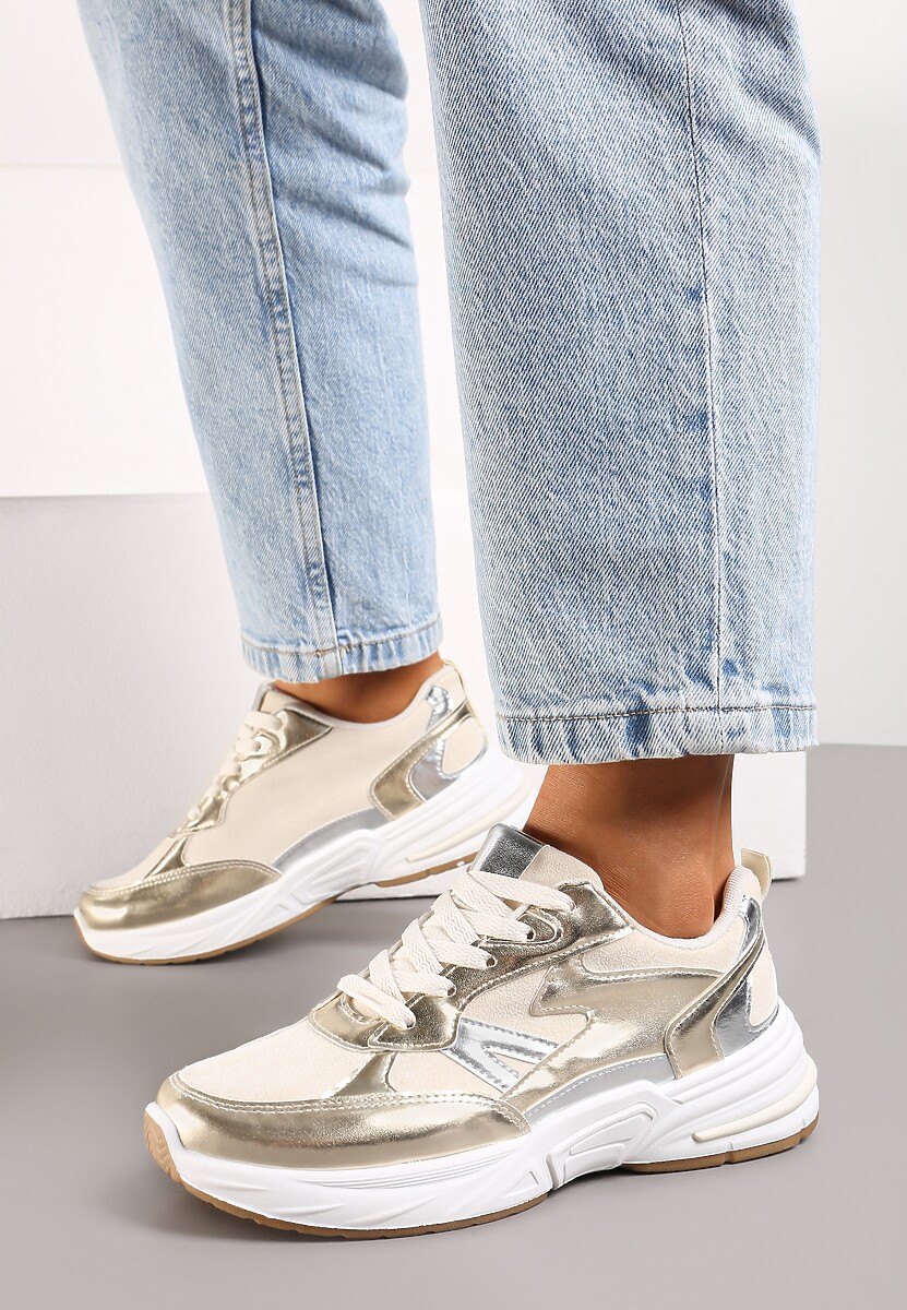 Złote Sneakersy Sznurowane Ozdobione Wstawkami z Materiału Eanfla