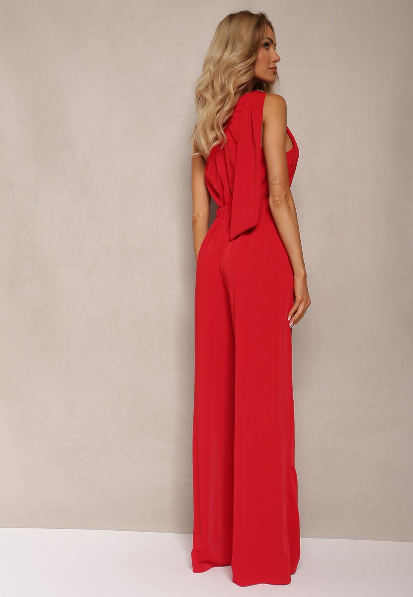 Czerwony Kombinezon z Asymetrycznym Dekoltem i Kieszeniami Benae