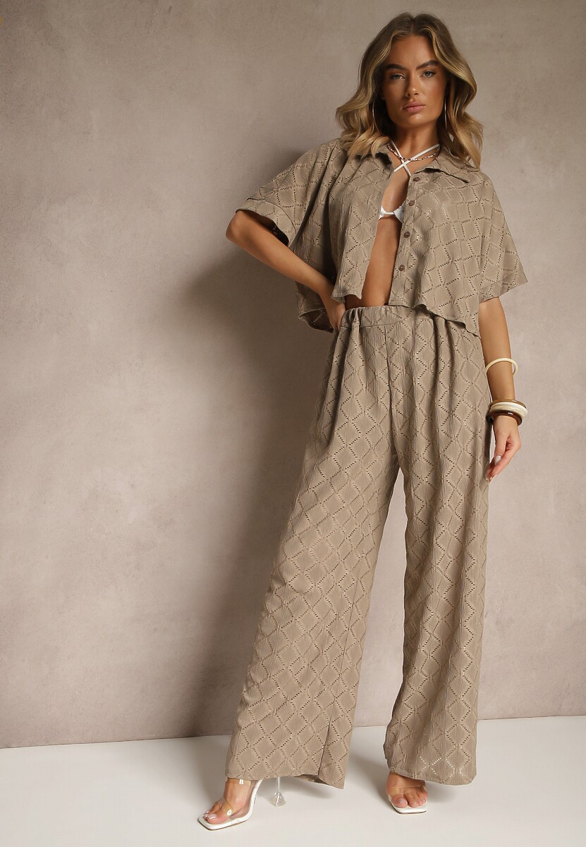 Jasnobrązowy Komplet o Ażurowym Wykończeniu Koszula i Długie Spodnie z Gumką w Pasie Bemvia