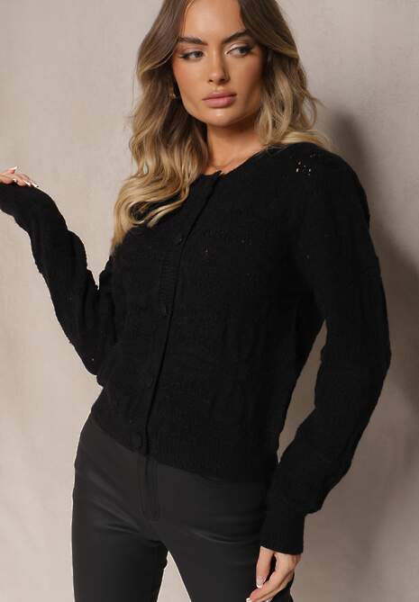 Czarny Pudełkowy Kardigan z Wełną i Wiskozą o Tłoczonym Splocie Vaitra