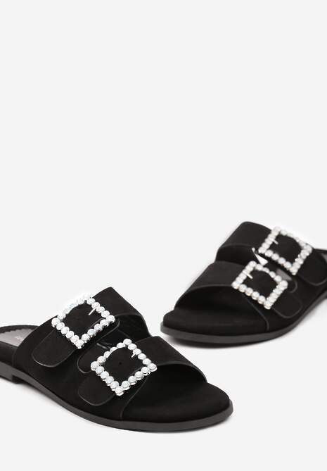 Czarne Klapki z Dwiema Klamrami na Ekozamszowych Paskach Vapire