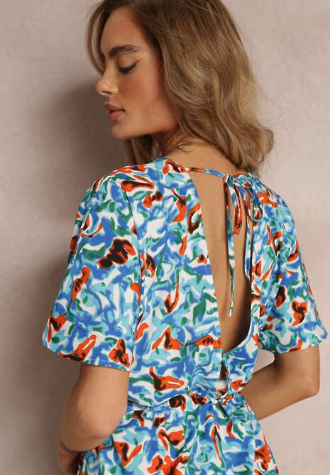 Niebieska Sukienka Midi ze Ściągaczem w Talii i Krótkimi Rękawami Rhoslana