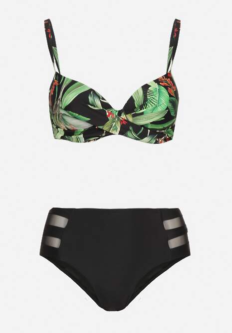 Czarne Bikini Biustonosz w Liście i Majtki Figi z Siateczkowymi Wstawkami Kinalea