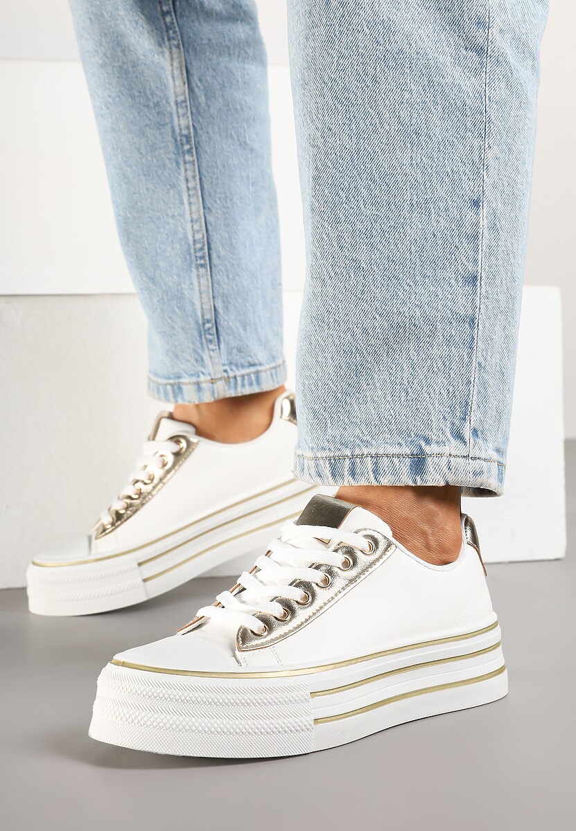 Biało-Złote Trampki na Platformie w Casualowym Stylu Ravilne