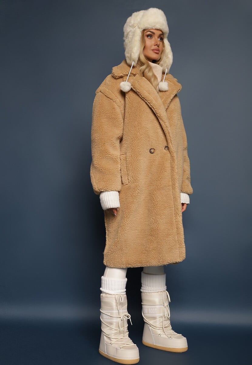 Czarny Futrzany Płaszcz Teddy Zapinany na Guziki Bathalasa