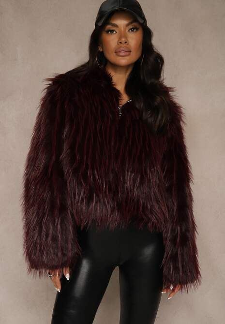 Bordowa Kurtka Futerko z Kapturem i Zapięciem na Suwak Zetora