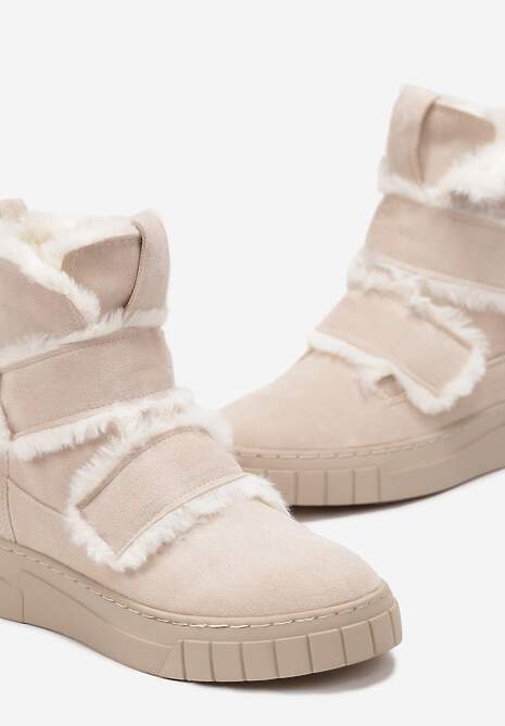 Beżowe Botki za Kostkę z Ozdobnym Futerkiem Eskara