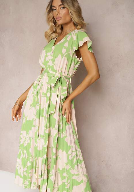 Zielono-Beżowa Kopertowa Plisowana Sukienka Koktajlowa z Gumką i Paskiem w Talii Benelsea