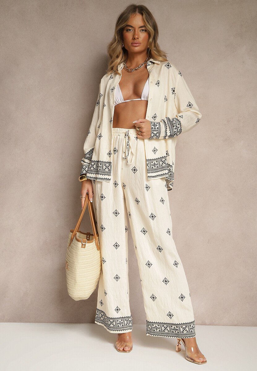 Beżowy Komplet z Wiskozą Koszula i Szerokie Spodnie w Etno Wzór Tatanelis