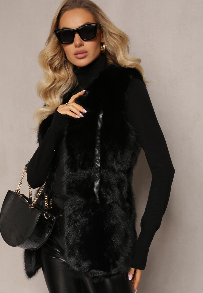 Czarna Puchata Kamizelka z Futerka Ozdobiona Imitacją Skóry Tekllesa