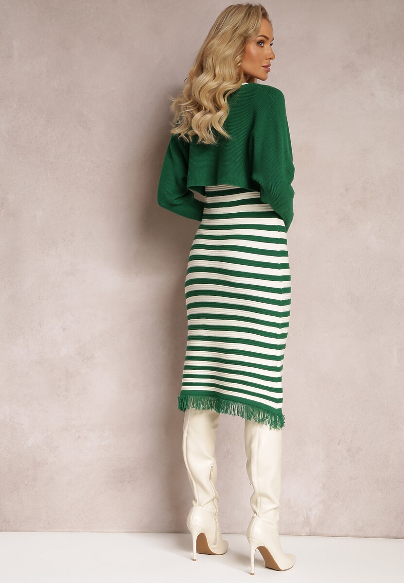 Zielony Komplet 2-Częściowy Sukienka w Paski i Kardigan Krótki na Guziki Orivela