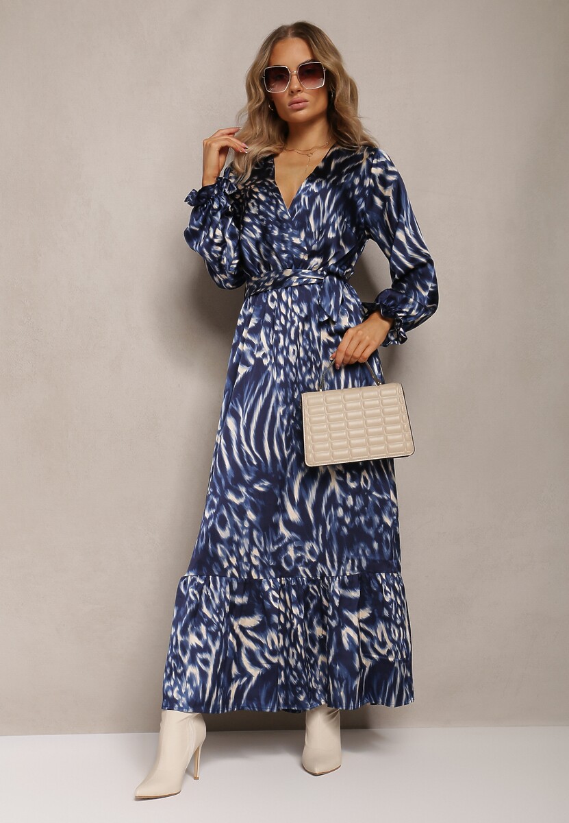 Granatowo-Niebieska Rozkloszowana Sukienka z Gumką w Talii i Kopertowym Dekoltem Janiis