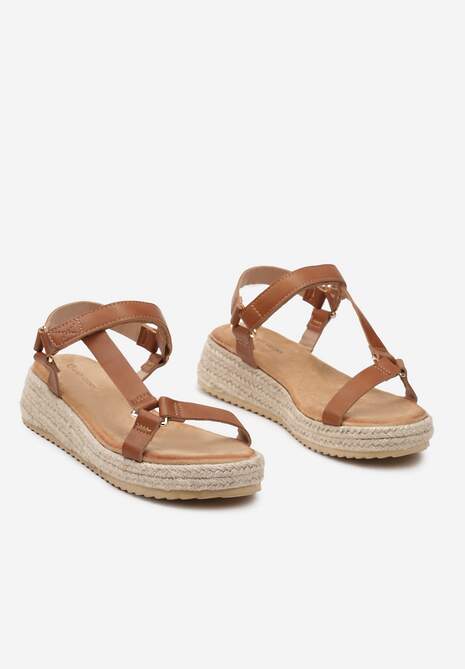 Brązowe Sandały Zapinane na Rzep na Grubej Podeszwie z Plecionki Elnadia
