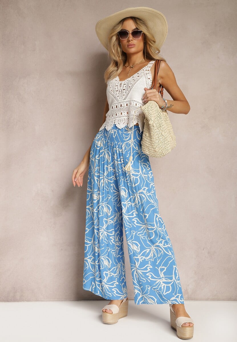 Niebieskie Spodnie Szerokie z Wiskozy High Waist w Kwiatowy Print Tepolla
