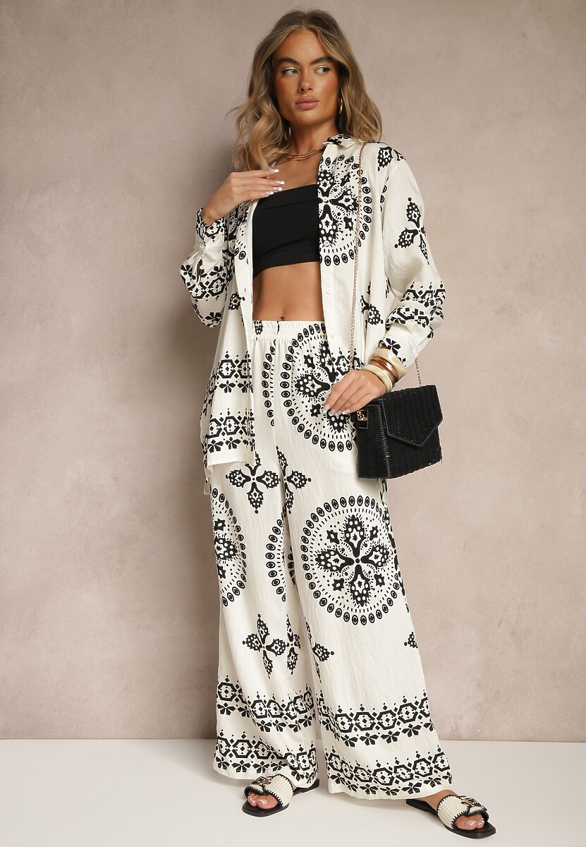 Jasnobeżowy Komplet z Wiskozy w Ornamentalny Print Koszula i Szerokie Spodnie Pasniela