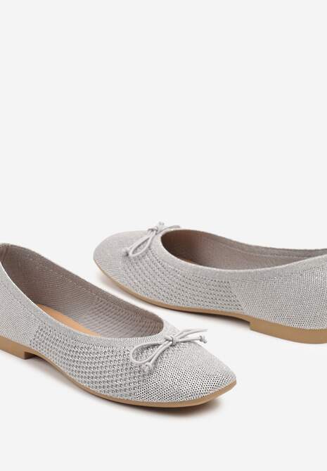 Srebrne Plecione Balerinki na Płaskiej Podeszwie z Kokardą Felarine