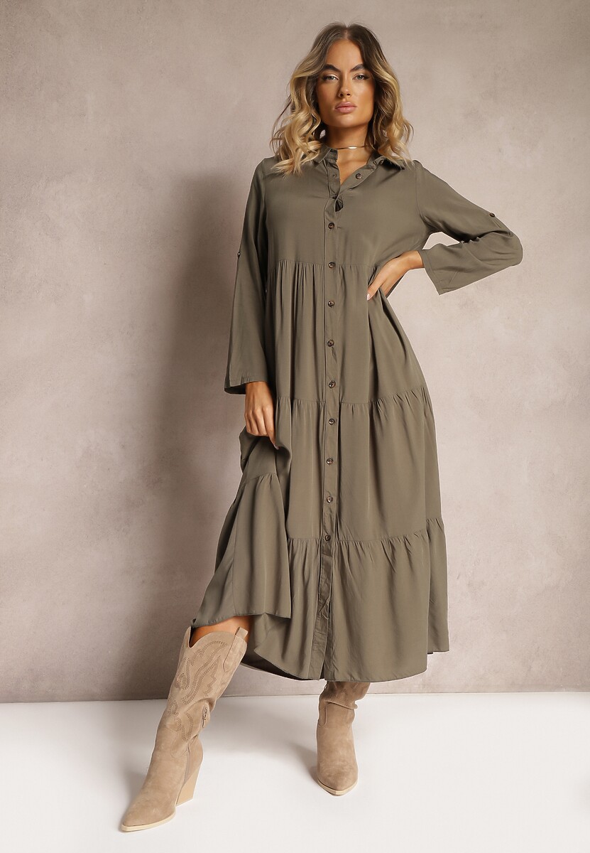 Ciemnozielona Koszulowa Sukienka Maxi z Bawełny Junira