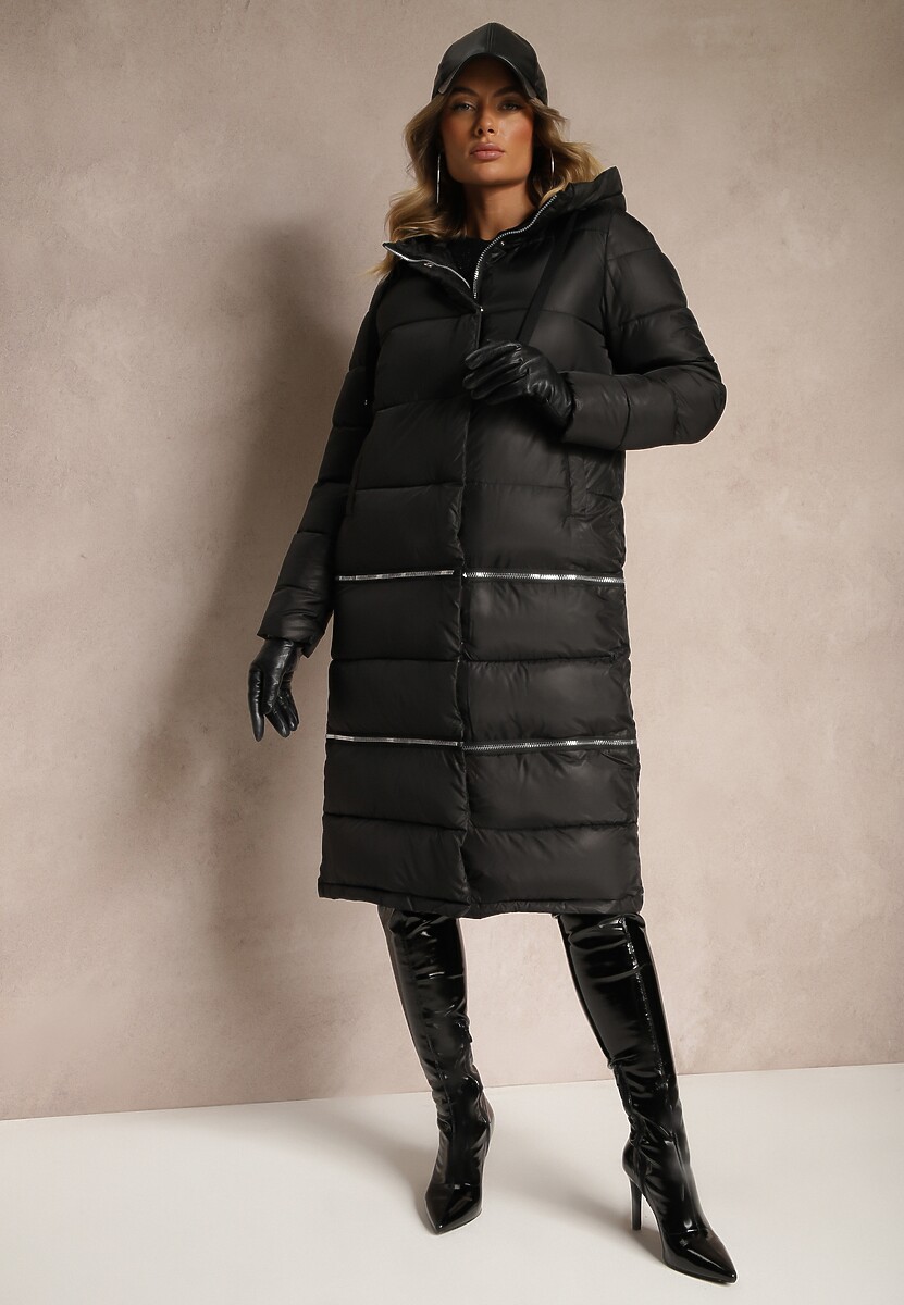 Granatowa Pikowana Kurtka Płaszcz z Kapturem i Regulowaną Długością Tirilele